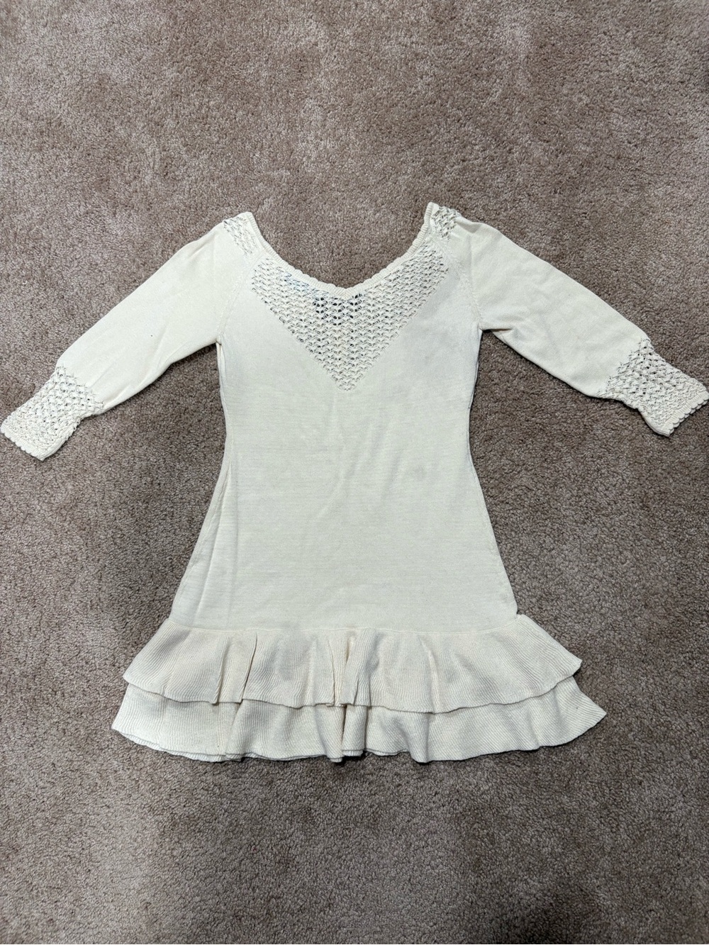 Cream Knit Ruffle-Hem Kids Dress with Crochet Details - Picture 4 of 5